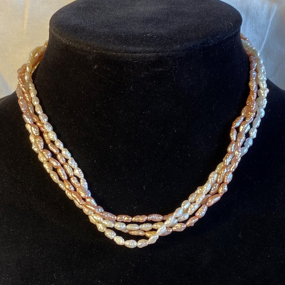 White / Pink Multi-Strand Seed Pearl Choker 14K GF
